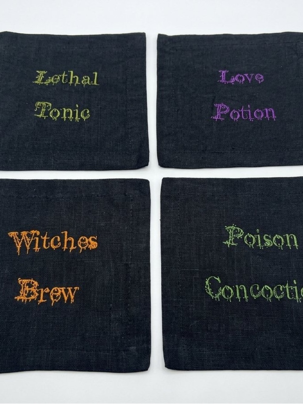 Embroidered Coaster Set – Cotton/Linen – 6.25" Square – Set of 4